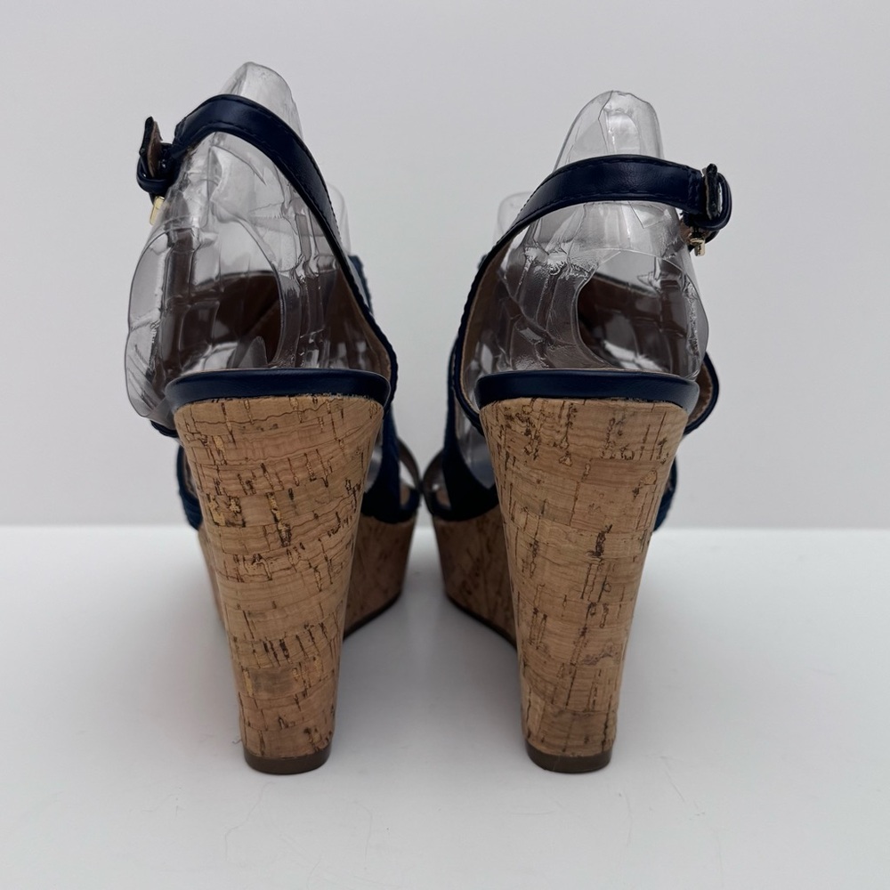Tommy Hilfiger Woman’s Wedge Sandals Size7.5 Navy Blue Cork Platform Logo Straps - Picture 6 of 13